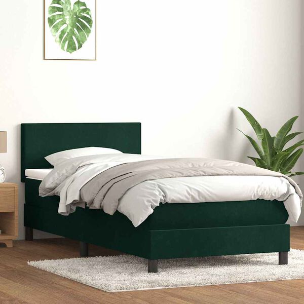 vidaXL Pat box spring cu saltea, verde &icirc;nchis, 100x220 cm, catifea