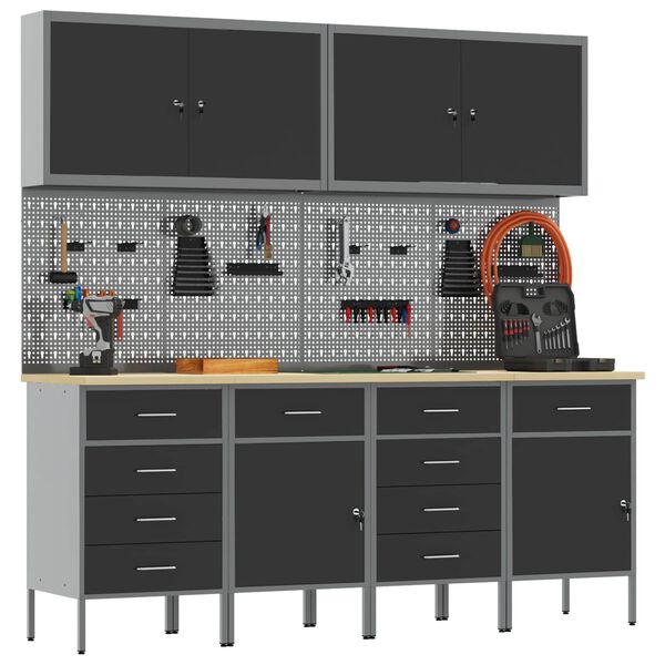 vidaXL Dulap de lucru cu sertar 10 pcs Negru Lemn ingineresc și oțel