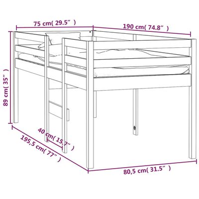 vidaXL Pat înalt de dormitor, alb, 75x190 cm, lemn masiv de pin