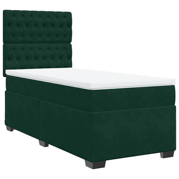 vidaXL Pat box spring cu saltea, verde &icirc;nchis, 90x200 cm, catifea