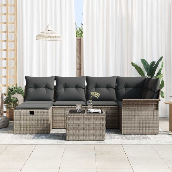 vidaXL Set de canapele pentru grădină cu pernă 7 pcs Gri Rattan poli