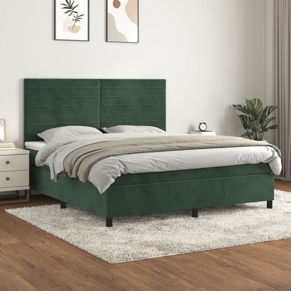 vidaXL Pat box spring cu saltea, verde &icirc;nchis, 160x200 cm, catifea