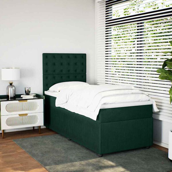 vidaXL Pat box spring cu saltea, verde &icirc;nchis, 100x200 cm, catifea