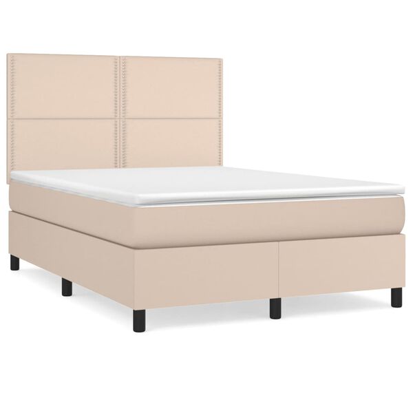 vidaXL Pat box spring cu saltea, cappuccino, 140x190cm piele ecologică