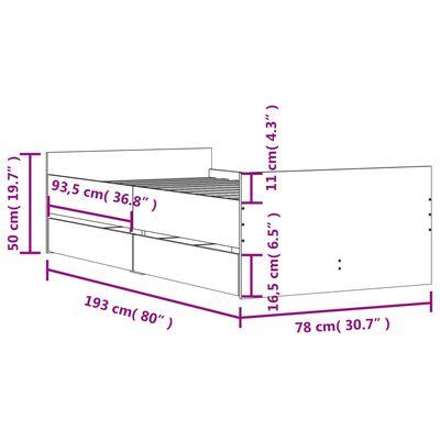 vidaXL Cadru de pat cu sertare, gri beton, 75x190 cm, mic single