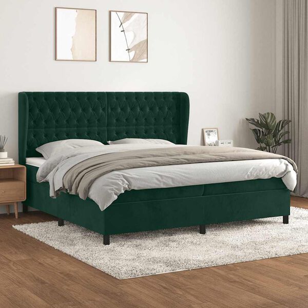 vidaXL Pat box spring cu saltea, verde &icirc;nchis, 200x200 cm, catifea