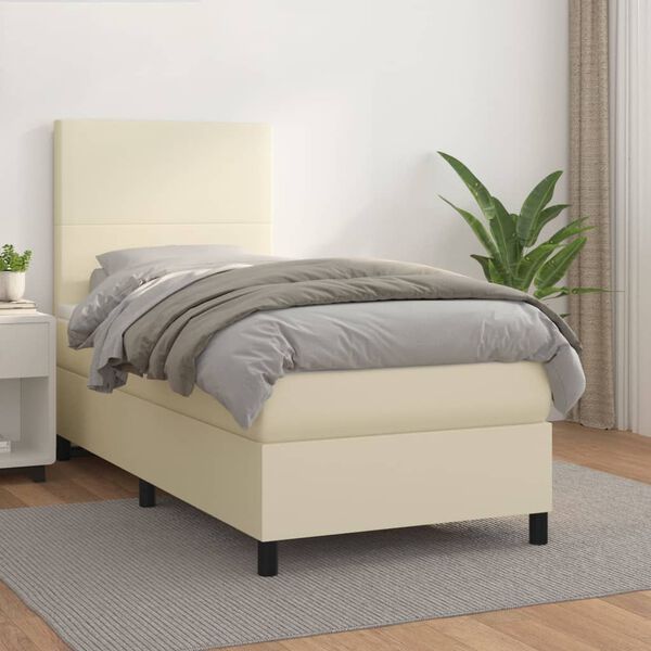 vidaXL Pat box spring cu saltea, crem, 90x200 cm, piele ecologică