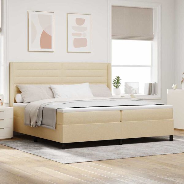 vidaXL Pat cu arcuri cu saltea cu headboard Crem 200 x 200 cm țesătură