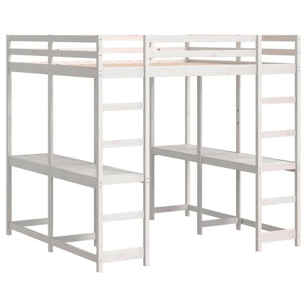 vidaXL Cadru pat supraetajat cu birou/scară, alb, 140x200 cm, lemn pin
