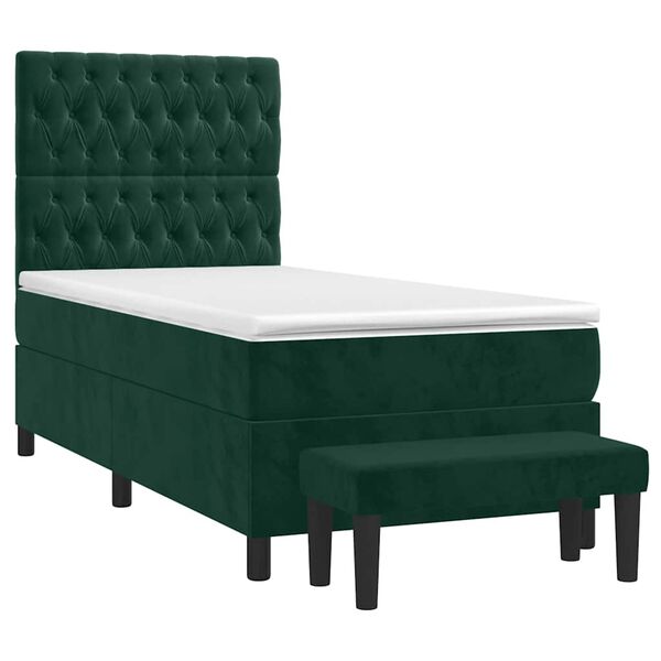 vidaXL Pat box spring cu saltea, verde &icirc;nchis, 90x200 cm, catifea