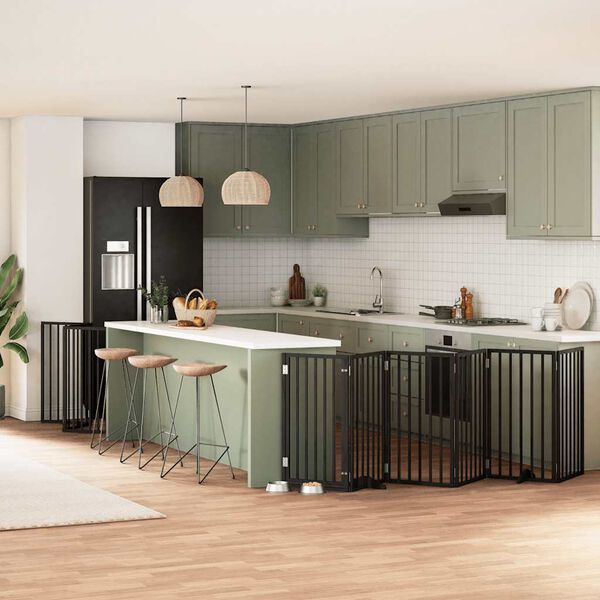 vidaXL Poartă c&acirc;ini pliabilă cu ușă 9 panouri negru, 450 cm, lemn plop