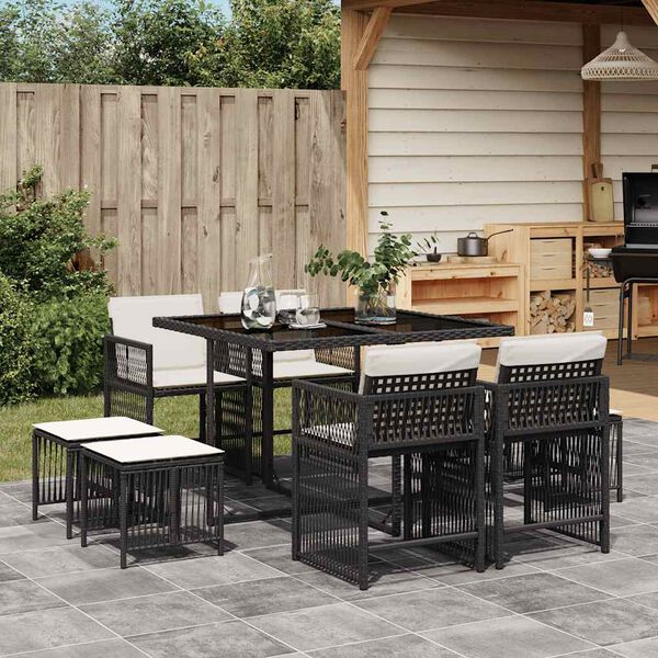 vidaXL Set mobilier de exterior cu perne, 11 piese, negru, poliratan