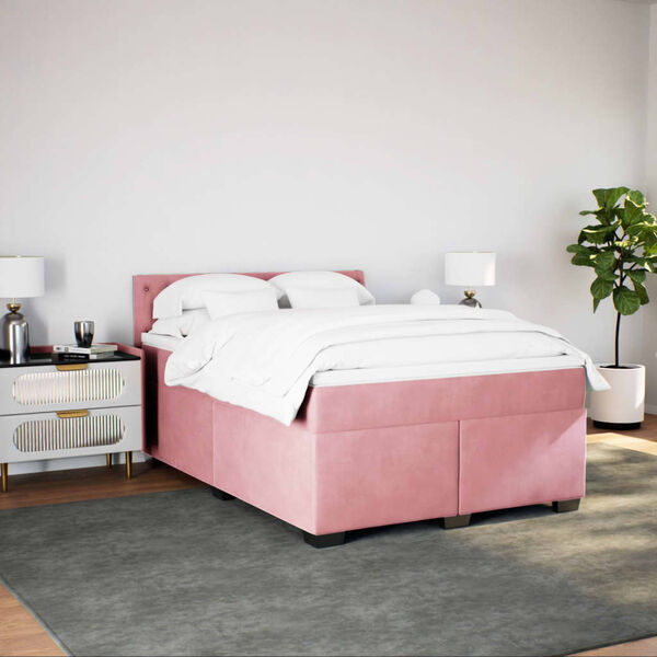 vidaXL Pat box spring cu saltea, roz, 160x200 cm, catifea