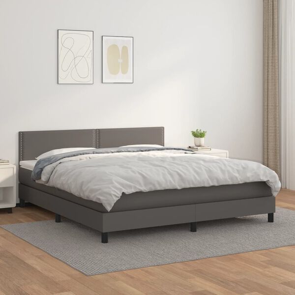 vidaXL Pat box spring cu saltea, gri, 180x200 cm, piele ecologică