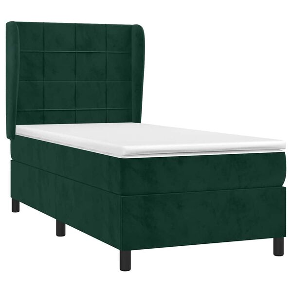 vidaXL Pat box spring cu saltea, verde &icirc;nchis, 90x200 cm, catifea