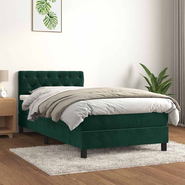 vidaXL Pat box spring cu saltea, verde &icirc;nchis, 90x200 cm, catifea