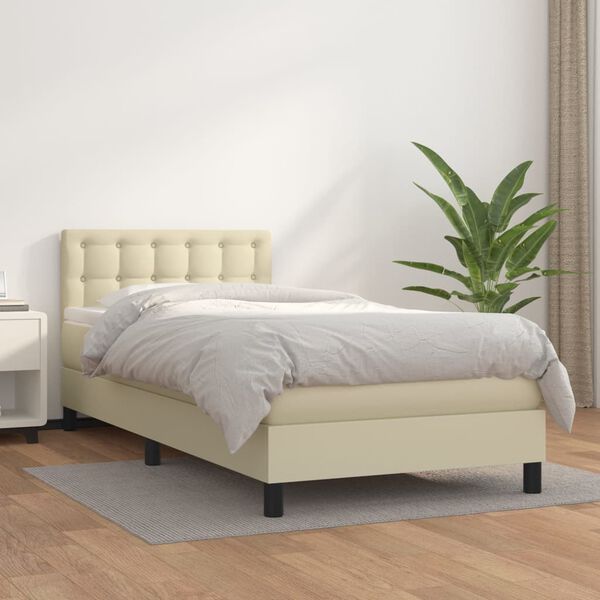 vidaXL Pat box spring cu saltea, crem, 80x200 cm, piele ecologică