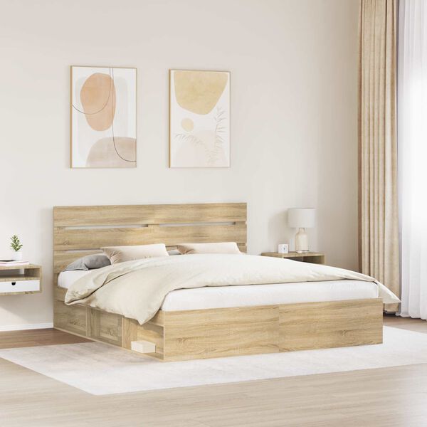 vidaXL Cadru de pat cu headboard Sonoma 200 x 200 cm Lemn de pin masiv