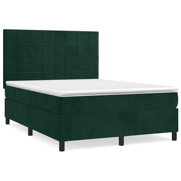 vidaXL Pat box spring cu saltea, verde &icirc;nchis, 140x190 cm, catifea