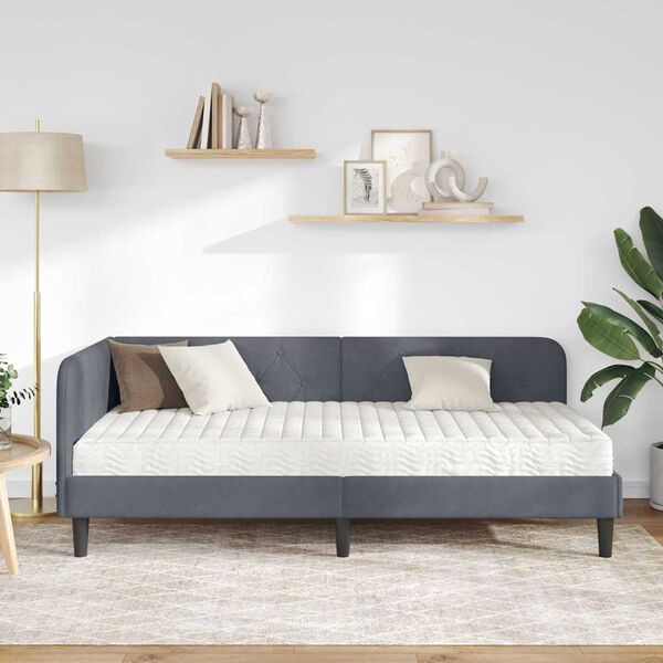 vidaXL Cadru de pat colțar cu saltea Gri &icirc;nchis 90 x 190 cm Catifea