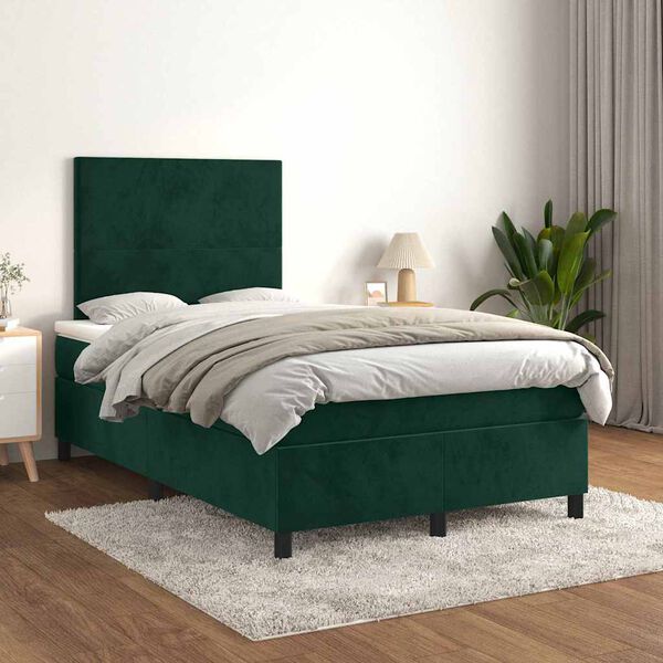vidaXL Pat box spring cu saltea, verde &icirc;nchis, 120x200 cm, catifea