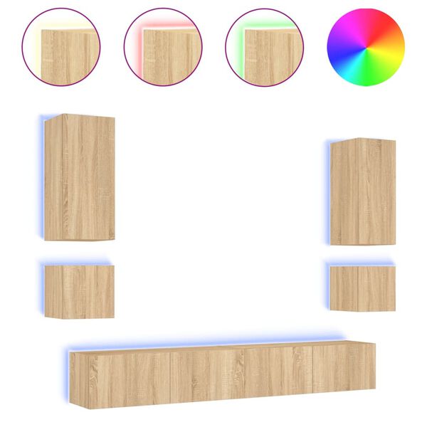 vidaXL Comode TV de perete cu lumini LED, 6 piese, stejar sonoma