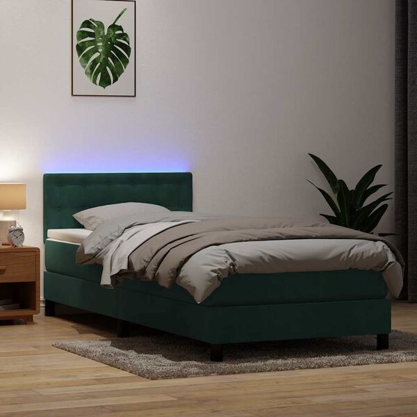 vidaXL Pat cu arcuri cu saltea și LED, verde &icirc;nchis, 100x210 cm, catifea