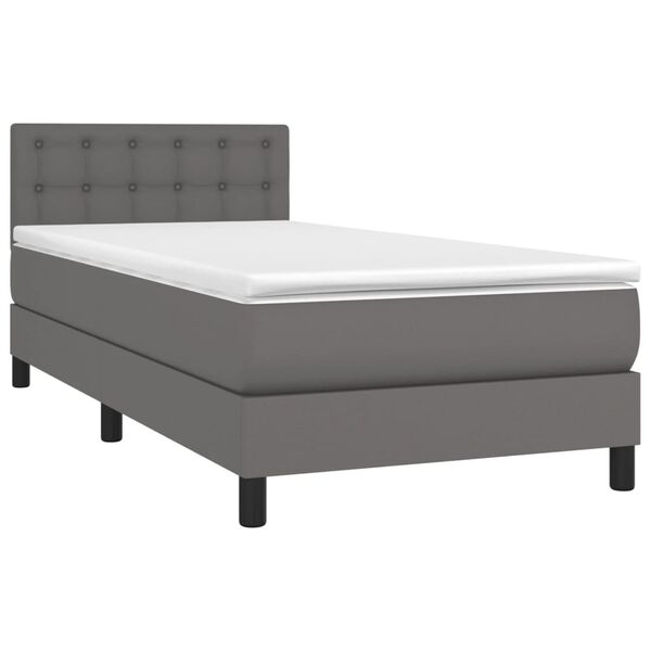 vidaXL Pat box spring cu saltea, gri, 90x200 cm, piele ecologică