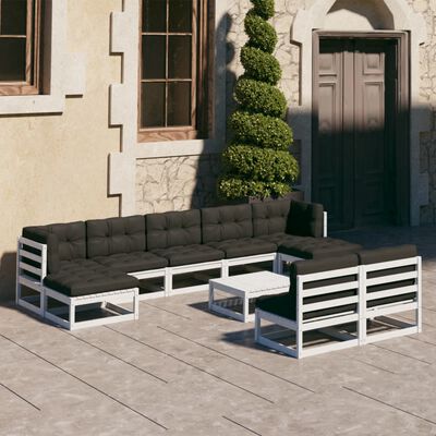 vidaXL Set mobilier de grădină cu perne, 10 piese, alb, lemn masiv pin
