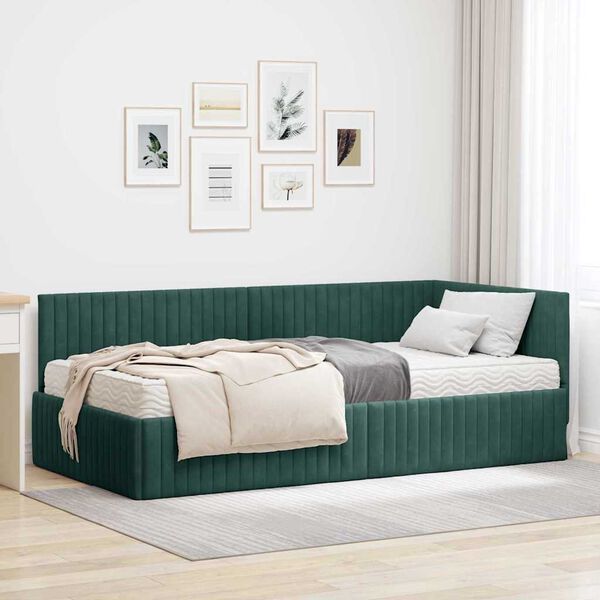 vidaXL Cadru de pat colțar cu saltea cu headboard 2 pcs Verde Catifea
