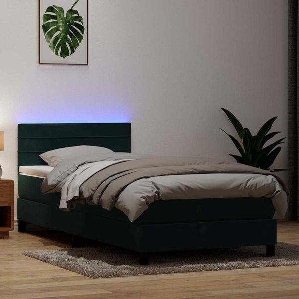 vidaXL Pat cu arcuri cu saltea și LED, verde &icirc;nchis, 80x220 cm, catifea