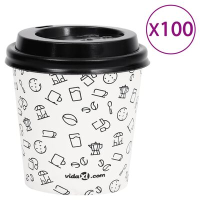 vidaXL Pahare de cafea de hârtie cu capace, 100 buc., alb/negru 120 ml