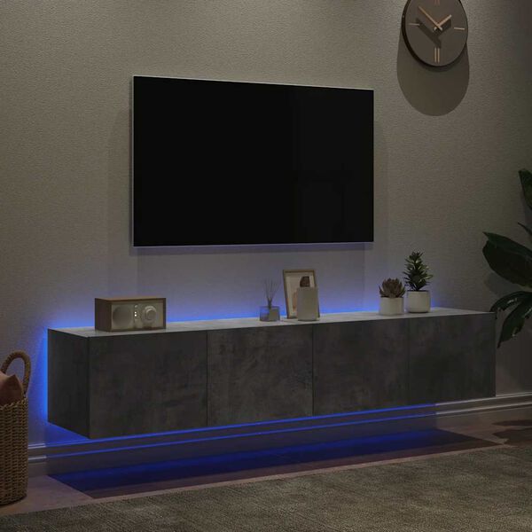 vidaXL Comode TV de perete cu lumini LED 2 buc. gri beton 80x35x31 cm