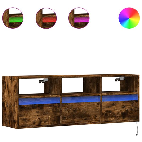 vidaXL Comodă TV de perete cu lumini LED, stejar fumuriu, 130x31x45 cm