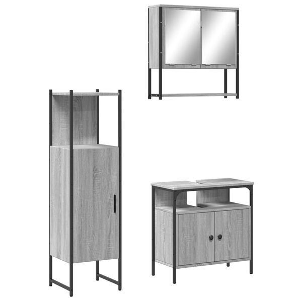 vidaXL Set mobilier de baie, 3 piese, gri sonoma, lemn prelucrat