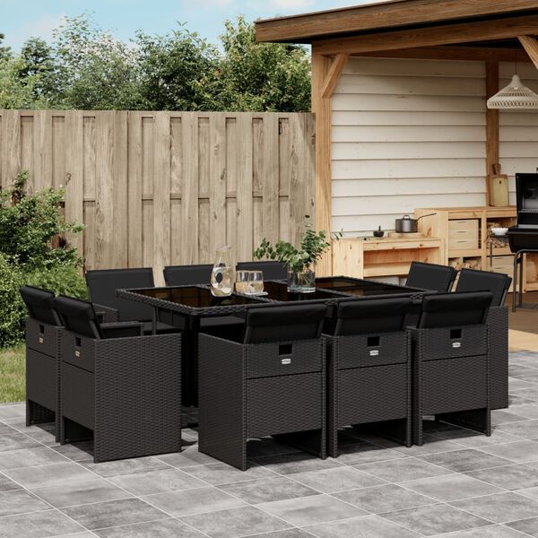 vidaXL Set mobilier de exterior cu perne, 11 piese, negru, poliratan