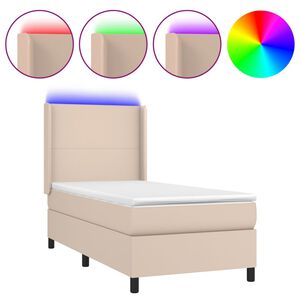 vidaXL Pat cu arcuri, cu saltea și LED, cappuccino 90x200 cm piele eco