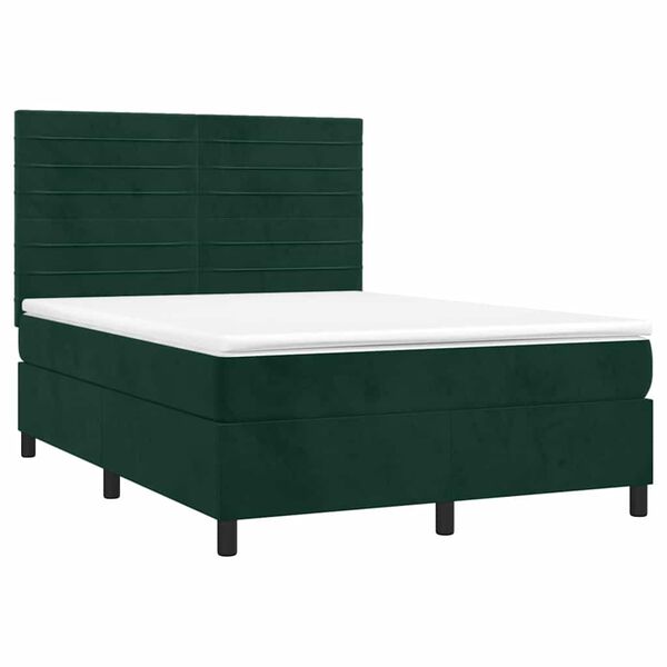 vidaXL Pat box spring cu saltea, verde &icirc;nchis, 140x190 cm, catifea