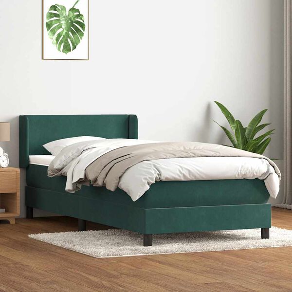vidaXL Pat box spring cu saltea, verde &icirc;nchis, 90x210 cm, catifea