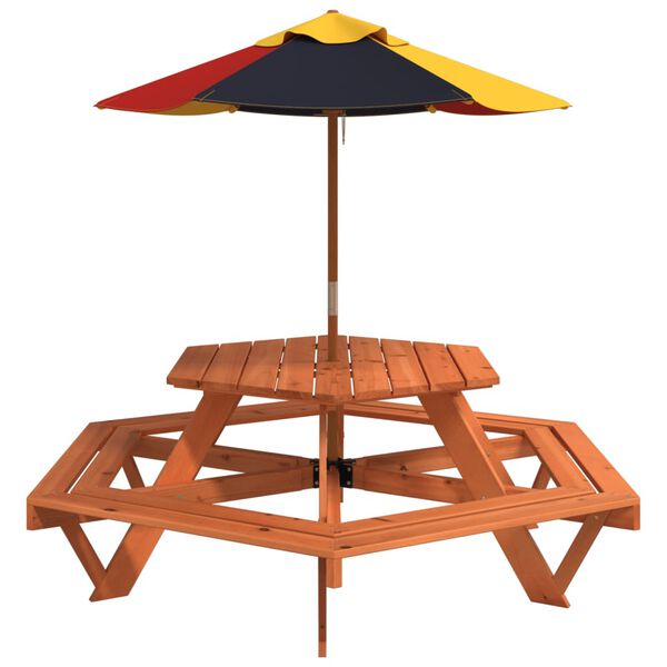 vidaXL Masă picnic pentru 6 copii cu umbrelă, hexagon, lemn masiv brad