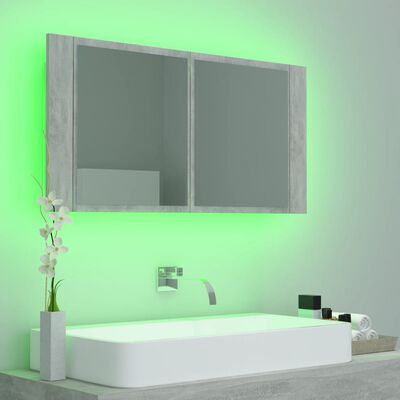 vidaXL Dulap de baie cu oglindă & LED, gri beton, 90x12x45 cm acril