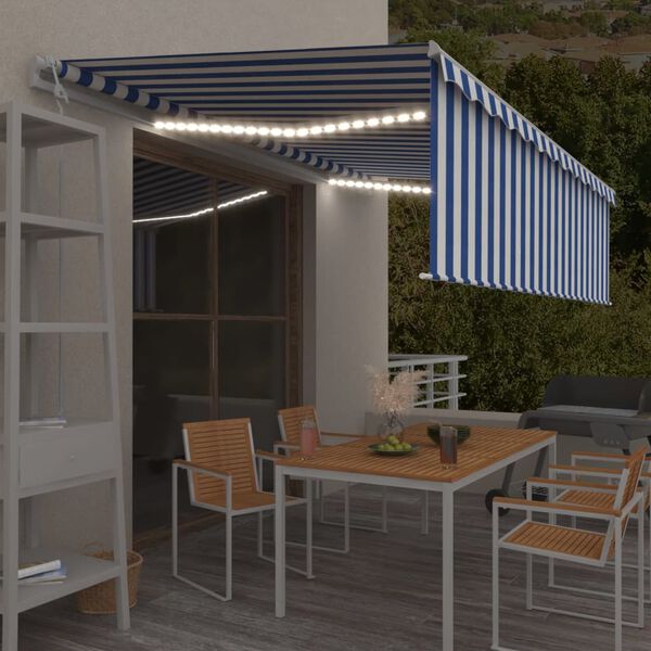 vidaXL Copertină retractabilă stor&LED&senzor v&acirc;nt, albastru/alb, 5x3m