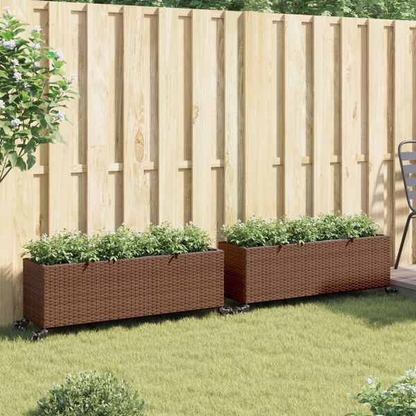 vidaXL Jardiniere grădină cu roți 2 buc. maro 107x32x38 cm poliratan