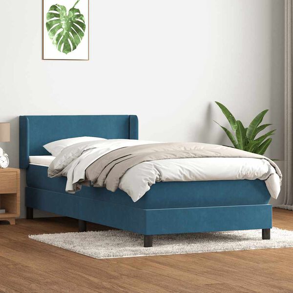 vidaXL Pat box spring cu saltea, albastru &icirc;nchis, 80x210 cm, catifea
