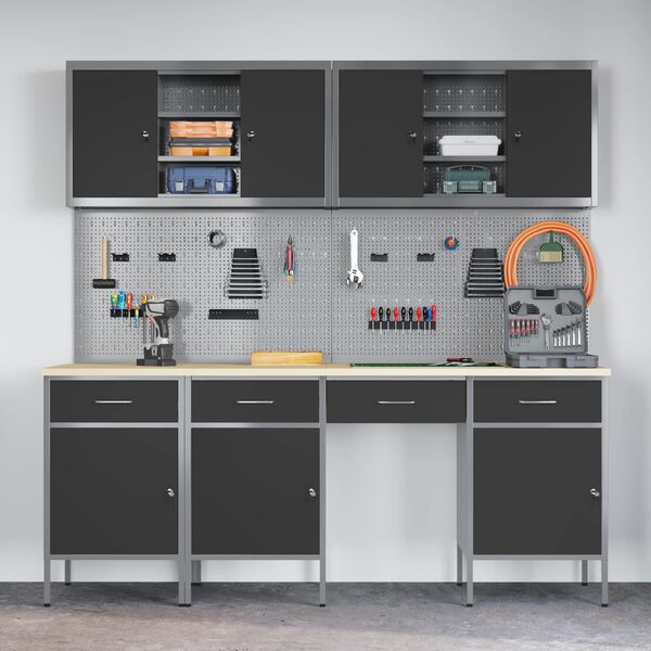 vidaXL Dulap de lucru cu sertar 10 pcs Negru Lemn ingineresc și oțel