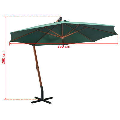 vidaXL Umbrelă de soare suspendată 350 cm, stâlp din lemn, verde