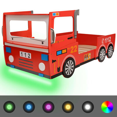 vidaXL Pat pentru copii, model mașină pompieri LED, 200 x 90 cm, roșu