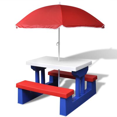 vidaXL Masă de picnic pentru copii cu bănci & umbrelă, multicolor