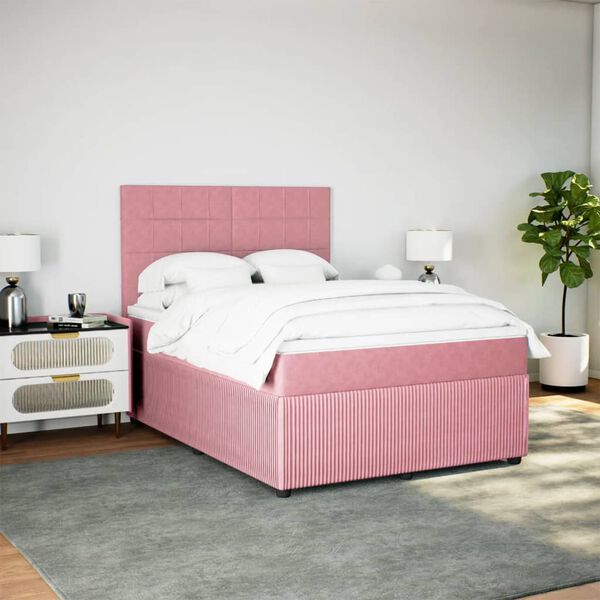 vidaXL Pat box spring cu saltea, roz, 160x200 cm, catifea