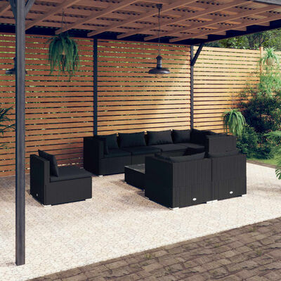 vidaXL Set mobilier de grădină cu perne, 9 piese, negru, poliratan